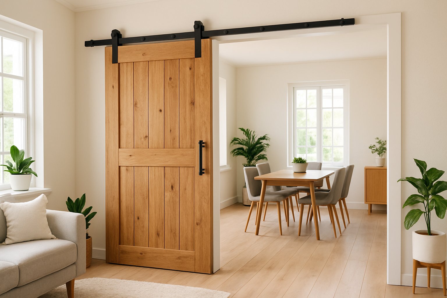 Interior of a modern home with a wooden sliding barn door partially closed between two rooms, showing an open and bright living space.
