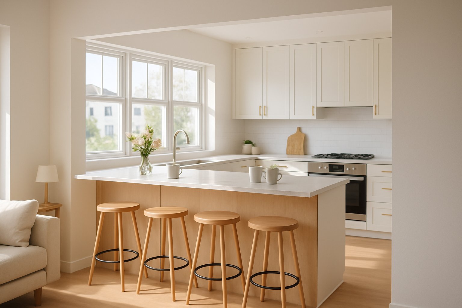 Open kitchen with a breakfast bar replacing a former wall, featuring stools, coffee mugs, and fresh flowers in a bright, inviting space.