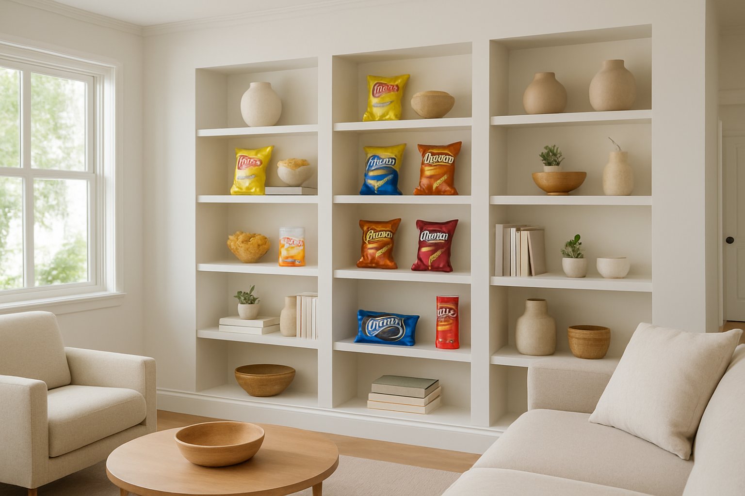 A modern living room with built-in shelving displaying snacks and decor in an open, bright space.