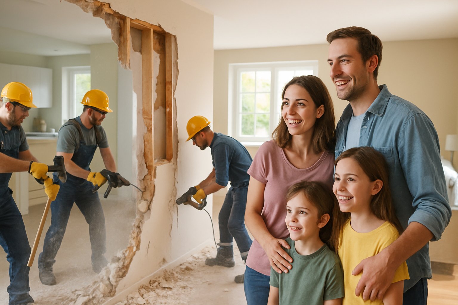 A family watches construction workers carefully remove a wall inside their home during a renovation to create an open living space.