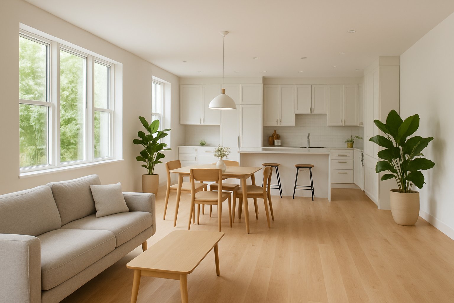 A spacious open-concept living room and kitchen with natural light, modern furniture, and indoor plants.