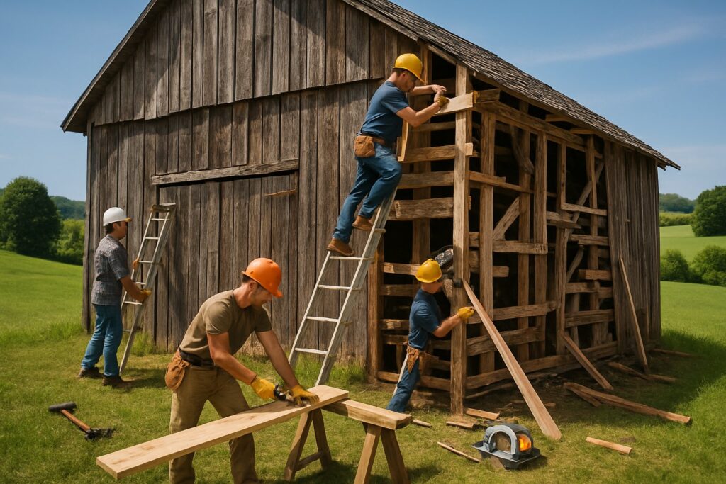 Workers repairing a wooden barn in a green countryside setting with hills and a clear sky.