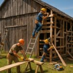 Workers repairing a wooden barn in a green countryside setting with hills and a clear sky.