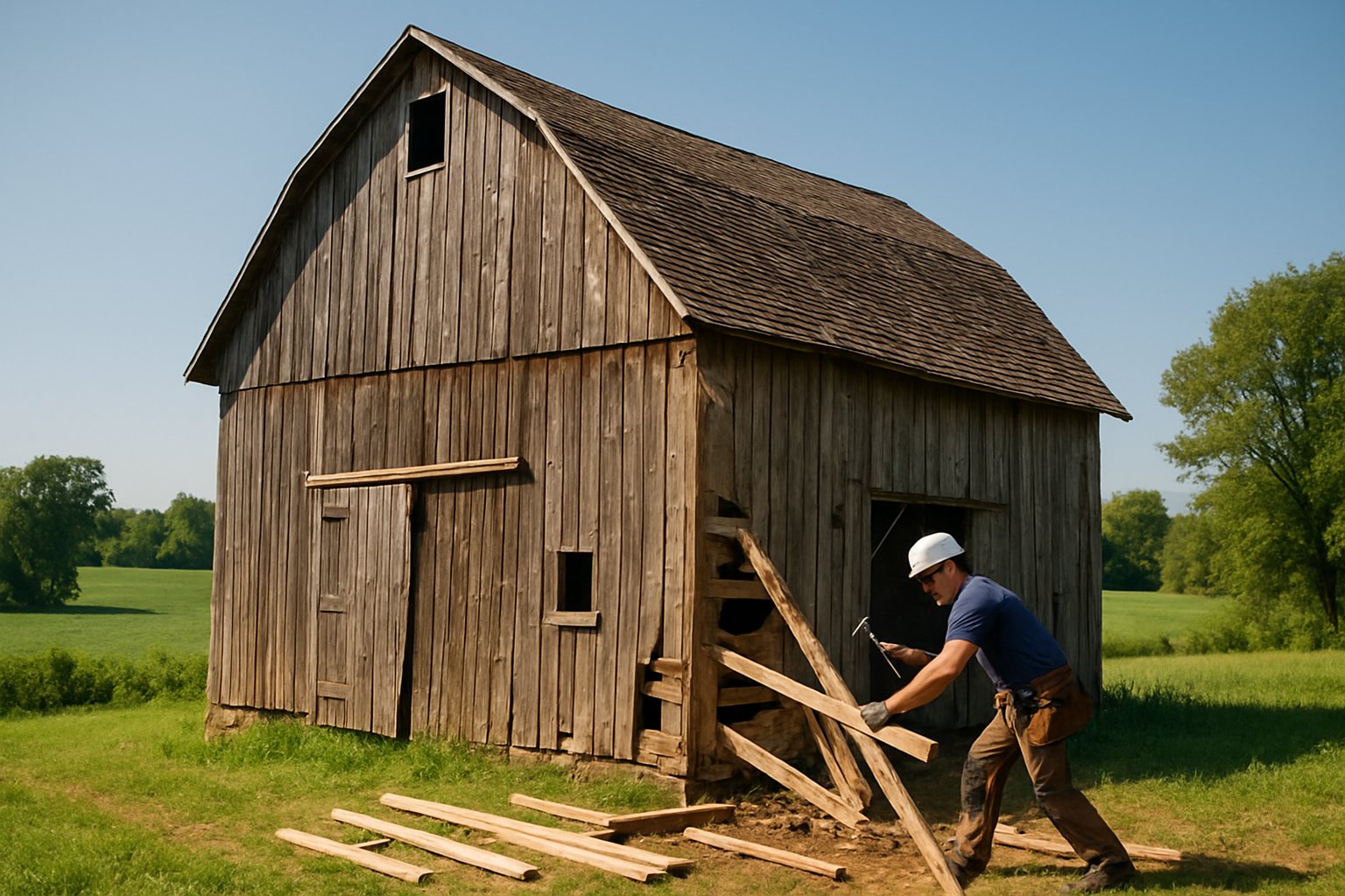 A worker repairing a weathered wooden barn in a rural area with green fields and trees in the background.
