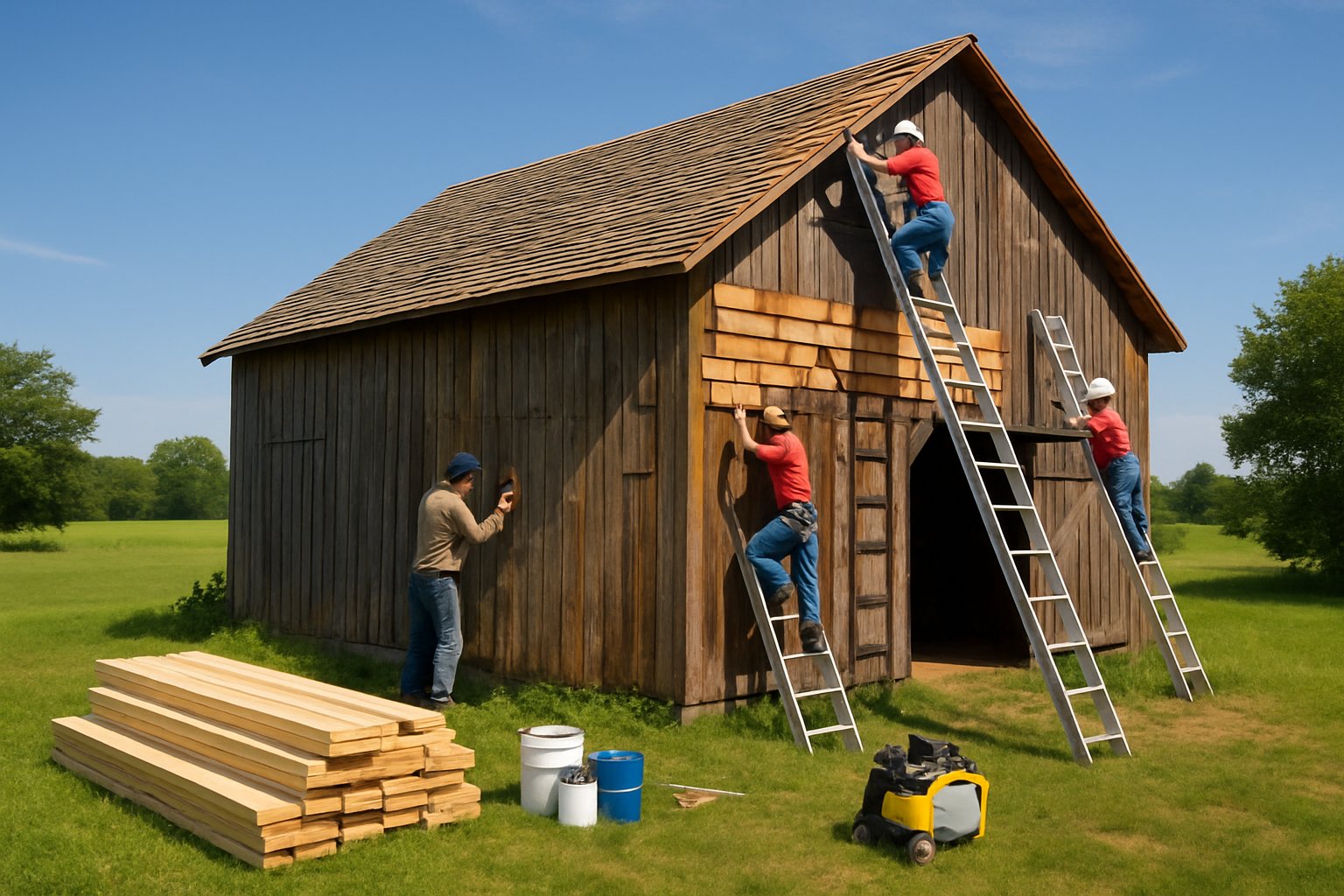 Workers repairing a wooden barn in a rural area with tools and materials around on a sunny day.