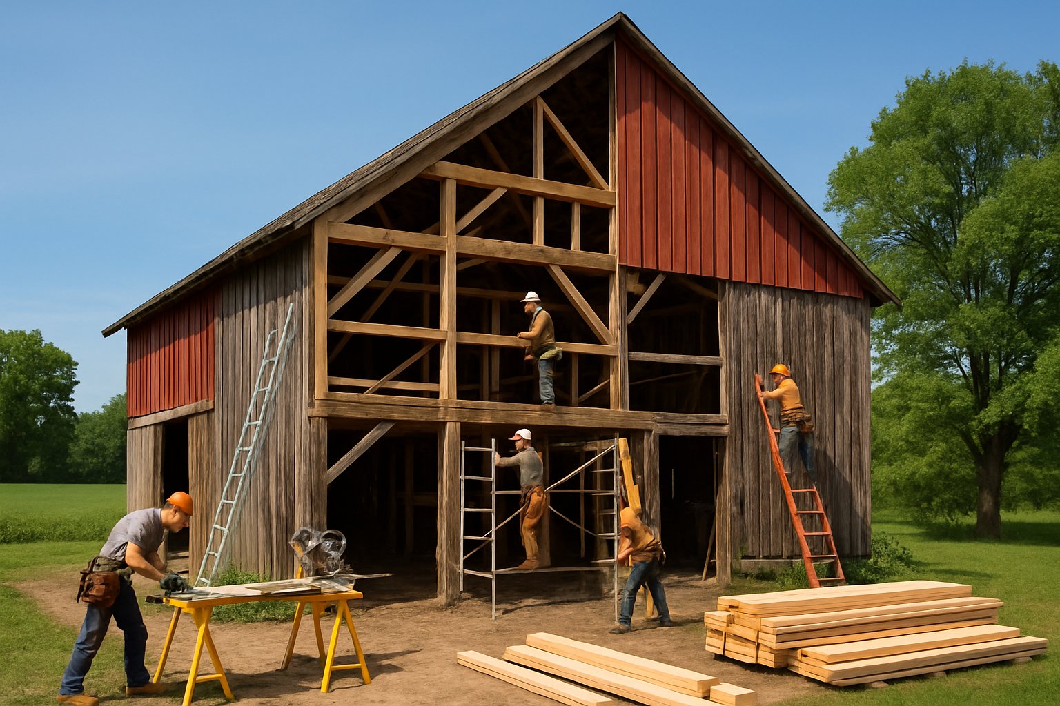 Workers repairing an old wooden barn in a green rural area with tools and fresh wood visible around the site.