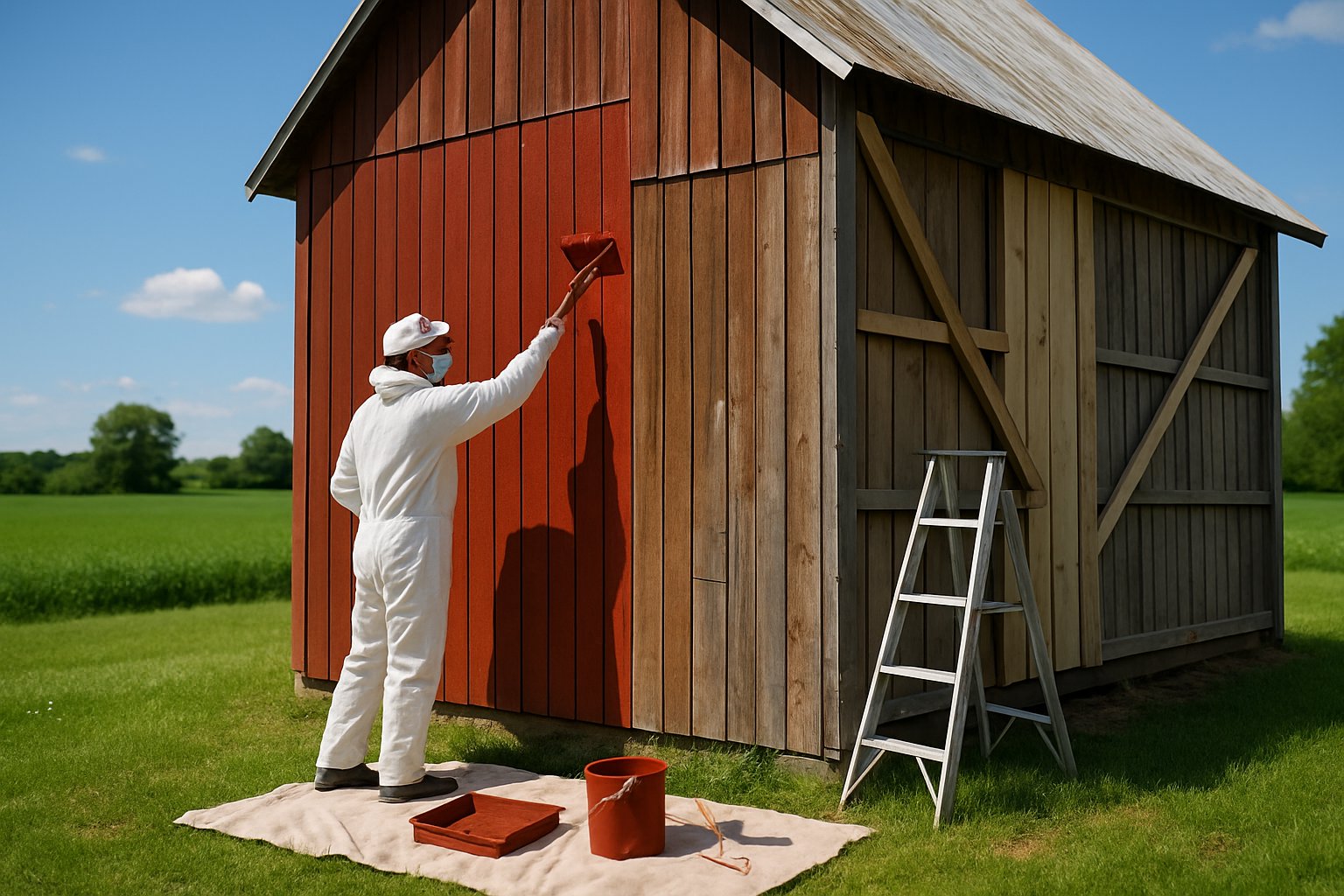 A worker painting the exterior of a wooden barn in a rural area with green fields and blue sky.