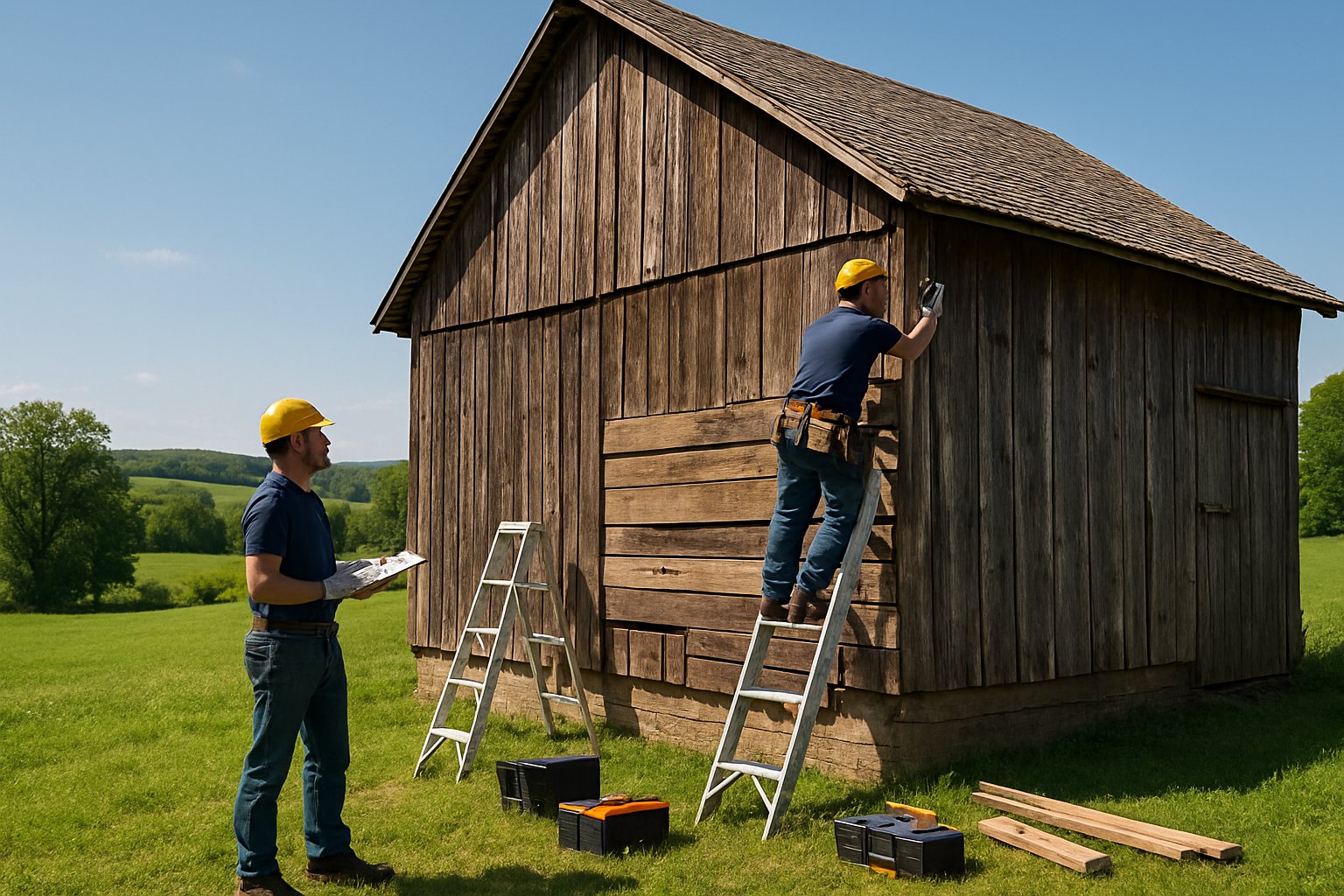 Two workers inspecting and repairing a wooden barn in a green rural area with hills in the background.