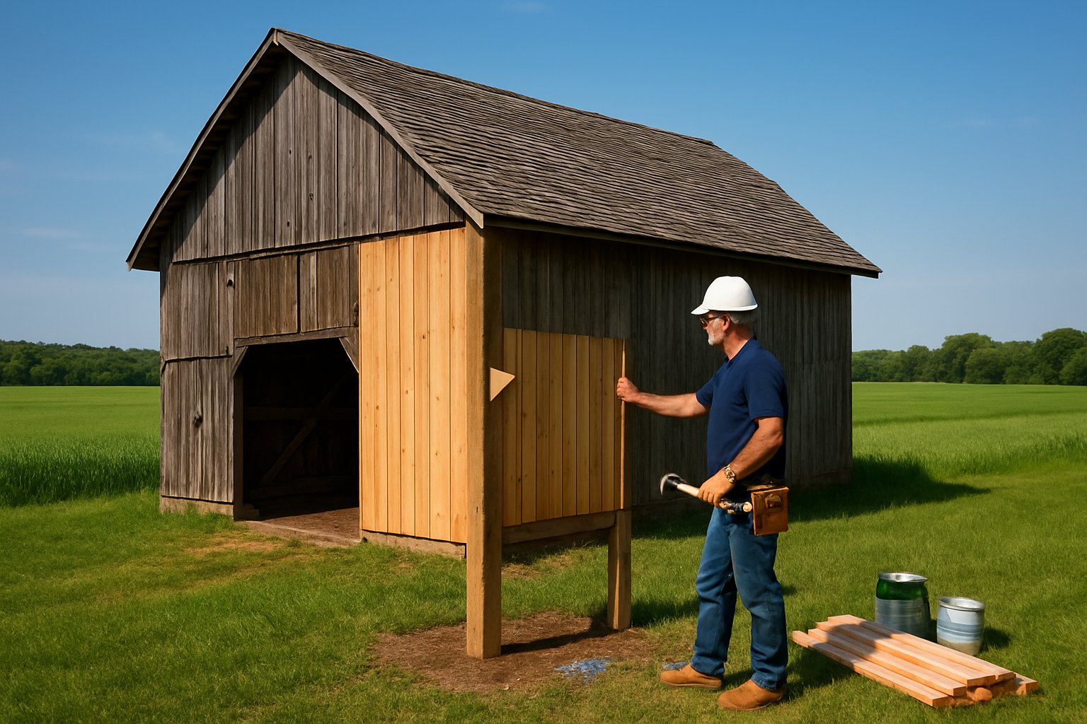 A worker inspecting a repaired barn in a green field under a blue sky.