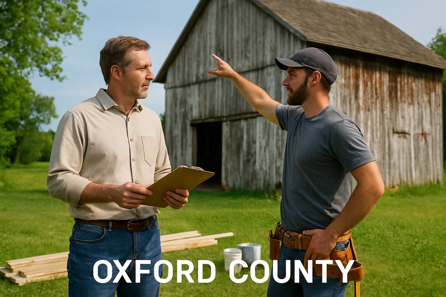 A homeowner and contractor discussing barn repairs outside a weathered wooden barn in a rural area.